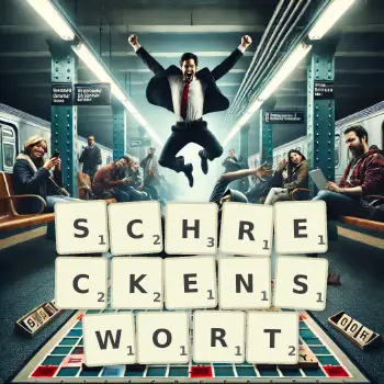 Kreative Illustration für ein Scrabble-Spiel, bei dem das Wort SCHRECKENSWORT mit Steinen auf dem Brett gelegt wurde.