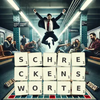 Kreative Illustration für ein Scrabble-Spiel, bei dem das Wort SCHRECKENSWORTE mit Steinen auf dem Brett gelegt wurde.