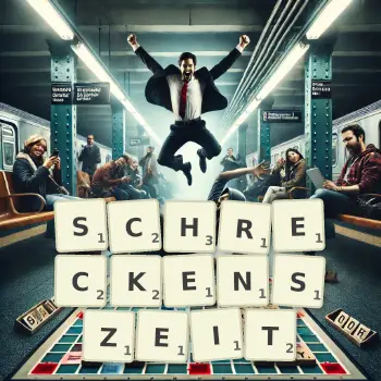 Kreative Illustration für ein Scrabble-Spiel, bei dem das Wort SCHRECKENSZEIT mit Steinen auf dem Brett gelegt wurde.