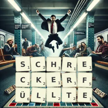 Kreative Illustration für ein Scrabble-Spiel, bei dem das Wort SCHRECKERFÜLLTE mit Steinen auf dem Brett gelegt wurde.