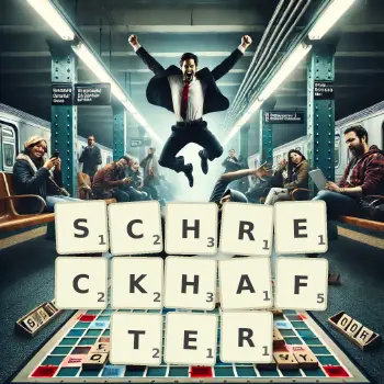 Kreative Illustration für ein Scrabble-Spiel, bei dem das Wort SCHRECKHAFTER mit Steinen auf dem Brett gelegt wurde.