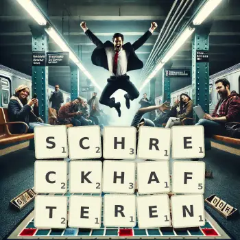 Kreative Illustration für ein Scrabble-Spiel, bei dem das Wort SCHRECKHAFTEREN mit Steinen auf dem Brett gelegt wurde.