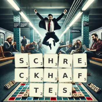 Kreative Illustration für ein Scrabble-Spiel, bei dem das Wort SCHRECKHAFTES mit Steinen auf dem Brett gelegt wurde.