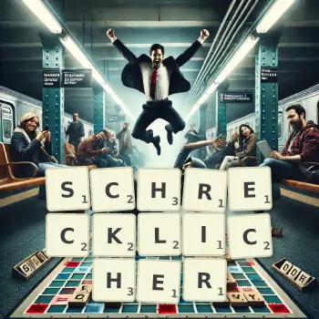 Kreative Illustration für ein Scrabble-Spiel, bei dem das Wort SCHRECKLICHER mit Steinen auf dem Brett gelegt wurde.