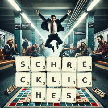 Kreative Illustration für ein Scrabble-Spiel, bei dem das Wort SCHRECKLICHES mit Steinen auf dem Brett gelegt wurde.