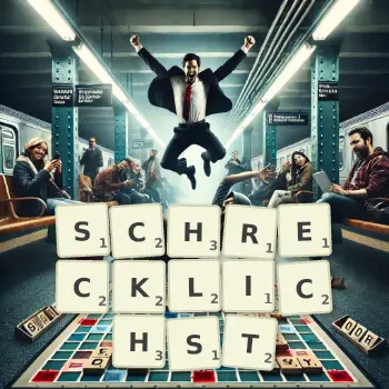 Kreative Illustration für ein Scrabble-Spiel, bei dem das Wort SCHRECKLICHST mit Steinen auf dem Brett gelegt wurde.