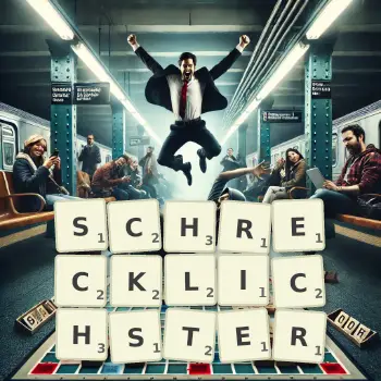 Kreative Illustration für ein Scrabble-Spiel, bei dem das Wort SCHRECKLICHSTER mit Steinen auf dem Brett gelegt wurde.