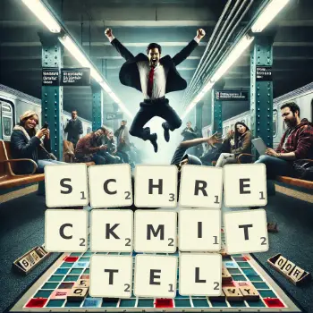 Kreative Illustration für ein Scrabble-Spiel, bei dem das Wort SCHRECKMITTEL mit Steinen auf dem Brett gelegt wurde.