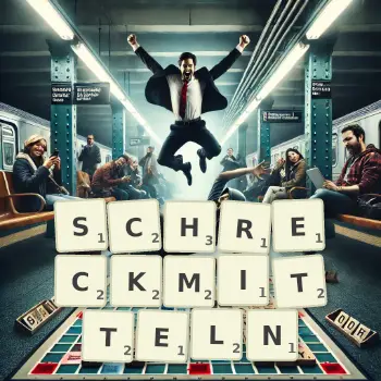 Kreative Illustration für ein Scrabble-Spiel, bei dem das Wort SCHRECKMITTELN mit Steinen auf dem Brett gelegt wurde.