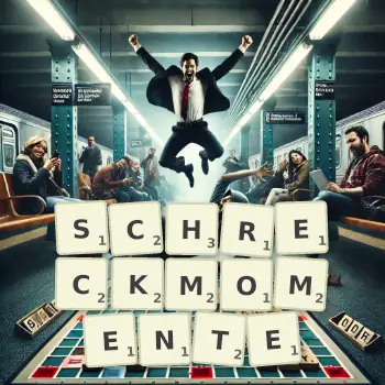 Kreative Illustration für ein Scrabble-Spiel, bei dem das Wort SCHRECKMOMENTE mit Steinen auf dem Brett gelegt wurde.