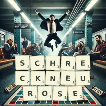 Kreative Illustration für ein Scrabble-Spiel, bei dem das Wort SCHRECKNEUROSE mit Steinen auf dem Brett gelegt wurde.