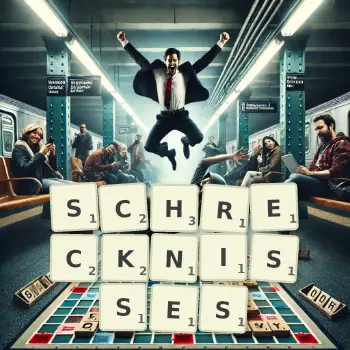 Kreative Illustration für ein Scrabble-Spiel, bei dem das Wort SCHRECKNISSES mit Steinen auf dem Brett gelegt wurde.