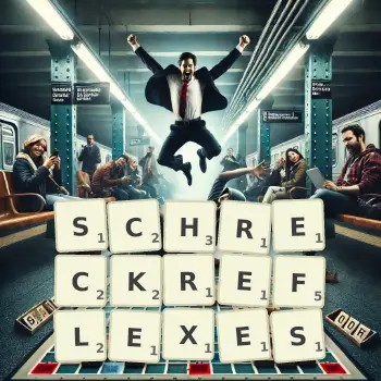 Kreative Illustration für ein Scrabble-Spiel, bei dem das Wort SCHRECKREFLEXES mit Steinen auf dem Brett gelegt wurde.