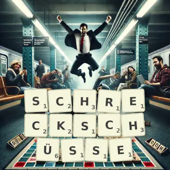 Kreative Illustration für ein Scrabble-Spiel, bei dem das Wort SCHRECKSCHÜSSE mit Steinen auf dem Brett gelegt wurde.