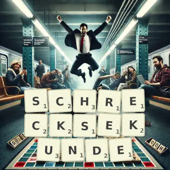 Kreative Illustration für ein Scrabble-Spiel, bei dem das Wort SCHRECKSEKUNDE mit Steinen auf dem Brett gelegt wurde.