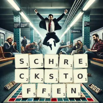 Kreative Illustration für ein Scrabble-Spiel, bei dem das Wort SCHRECKSTOFFEN mit Steinen auf dem Brett gelegt wurde.