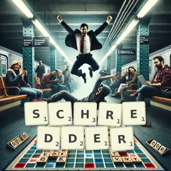 Kreative Illustration für ein Scrabble-Spiel, bei dem das Wort SCHREDDER mit Steinen auf dem Brett gelegt wurde.
