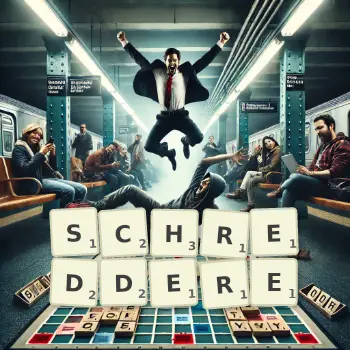 Kreative Illustration für ein Scrabble-Spiel, bei dem das Wort SCHREDDERE mit Steinen auf dem Brett gelegt wurde.