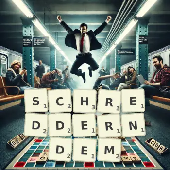Kreative Illustration für ein Scrabble-Spiel, bei dem das Wort SCHREDDERNDEM mit Steinen auf dem Brett gelegt wurde.