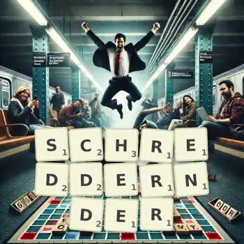 Kreative Illustration für ein Scrabble-Spiel, bei dem das Wort SCHREDDERNDER mit Steinen auf dem Brett gelegt wurde.