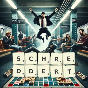 Kreative Illustration für ein Scrabble-Spiel, bei dem das Wort SCHREDDERT mit Steinen auf dem Brett gelegt wurde.
