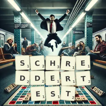 Kreative Illustration für ein Scrabble-Spiel, bei dem das Wort SCHREDDERTEST mit Steinen auf dem Brett gelegt wurde.