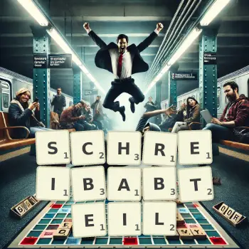 Kreative Illustration für ein Scrabble-Spiel, bei dem das Wort SCHREIBABTEIL mit Steinen auf dem Brett gelegt wurde.