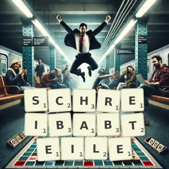 Kreative Illustration für ein Scrabble-Spiel, bei dem das Wort SCHREIBABTEILE mit Steinen auf dem Brett gelegt wurde.