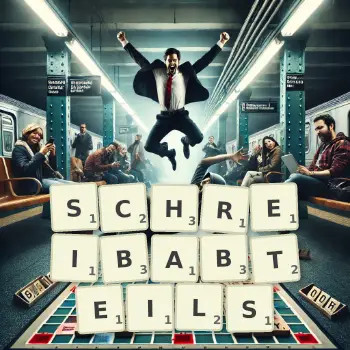 Kreative Illustration für ein Scrabble-Spiel, bei dem das Wort SCHREIBABTEILS mit Steinen auf dem Brett gelegt wurde.