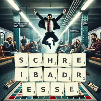 Kreative Illustration für ein Scrabble-Spiel, bei dem das Wort SCHREIBADRESSE mit Steinen auf dem Brett gelegt wurde.