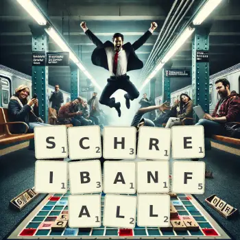 Kreative Illustration für ein Scrabble-Spiel, bei dem das Wort SCHREIBANFALL mit Steinen auf dem Brett gelegt wurde.