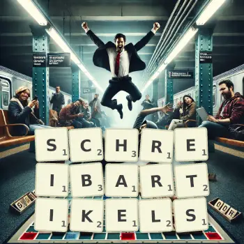 Kreative Illustration für ein Scrabble-Spiel, bei dem das Wort SCHREIBARTIKELS mit Steinen auf dem Brett gelegt wurde.