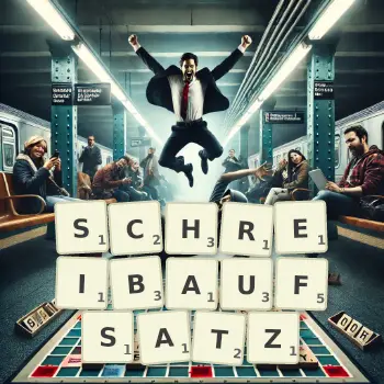 Kreative Illustration für ein Scrabble-Spiel, bei dem das Wort SCHREIBAUFSATZ mit Steinen auf dem Brett gelegt wurde.