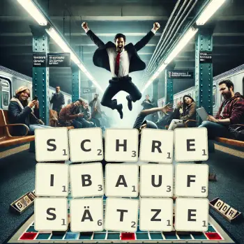 Kreative Illustration für ein Scrabble-Spiel, bei dem das Wort SCHREIBAUFSÄTZE mit Steinen auf dem Brett gelegt wurde.