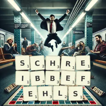 Kreative Illustration für ein Scrabble-Spiel, bei dem das Wort SCHREIBBEFEHLS mit Steinen auf dem Brett gelegt wurde.