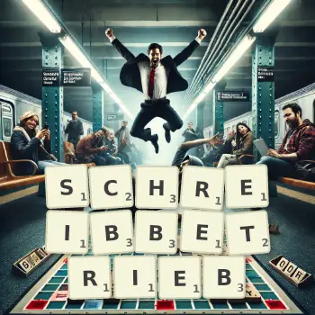 Kreative Illustration für ein Scrabble-Spiel, bei dem das Wort SCHREIBBETRIEB mit Steinen auf dem Brett gelegt wurde.