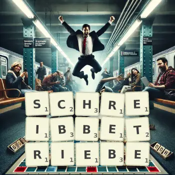 Kreative Illustration für ein Scrabble-Spiel, bei dem das Wort SCHREIBBETRIEBE mit Steinen auf dem Brett gelegt wurde.