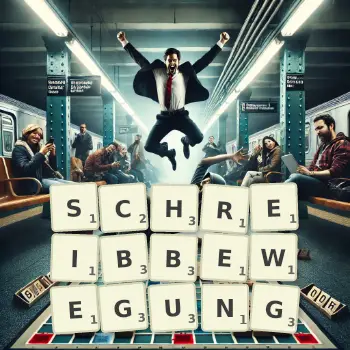 Kreative Illustration für ein Scrabble-Spiel, bei dem das Wort SCHREIBBEWEGUNG mit Steinen auf dem Brett gelegt wurde.