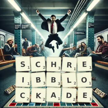 Kreative Illustration für ein Scrabble-Spiel, bei dem das Wort SCHREIBBLOCKADE mit Steinen auf dem Brett gelegt wurde.