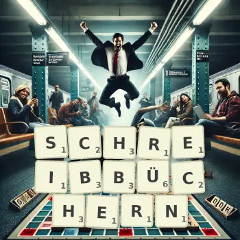 Kreative Illustration für ein Scrabble-Spiel, bei dem das Wort SCHREIBBÜCHERN mit Steinen auf dem Brett gelegt wurde.