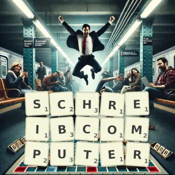 Kreative Illustration für ein Scrabble-Spiel, bei dem das Wort SCHREIBCOMPUTER mit Steinen auf dem Brett gelegt wurde.