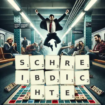 Kreative Illustration für ein Scrabble-Spiel, bei dem das Wort SCHREIBDICHTE mit Steinen auf dem Brett gelegt wurde.