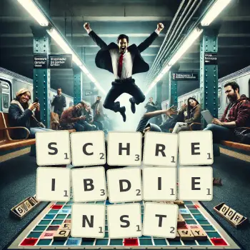 Kreative Illustration für ein Scrabble-Spiel, bei dem das Wort SCHREIBDIENST mit Steinen auf dem Brett gelegt wurde.