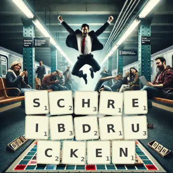 Kreative Illustration für ein Scrabble-Spiel, bei dem das Wort SCHREIBDRUCKEN mit Steinen auf dem Brett gelegt wurde.