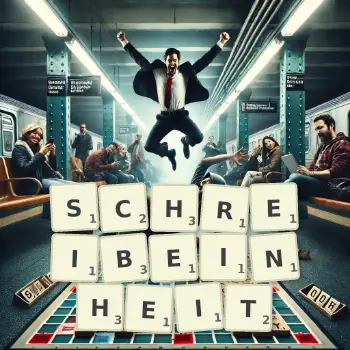 Kreative Illustration für ein Scrabble-Spiel, bei dem das Wort SCHREIBEINHEIT mit Steinen auf dem Brett gelegt wurde.