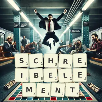 Kreative Illustration für ein Scrabble-Spiel, bei dem das Wort SCHREIBELEMENT mit Steinen auf dem Brett gelegt wurde.