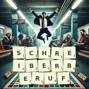 Kreative Illustration für ein Scrabble-Spiel, bei dem das Wort SCHREIBERBERUF mit Steinen auf dem Brett gelegt wurde.