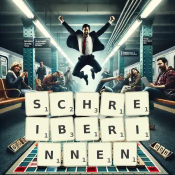 Kreative Illustration für ein Scrabble-Spiel, bei dem das Wort SCHREIBERINNEN mit Steinen auf dem Brett gelegt wurde.