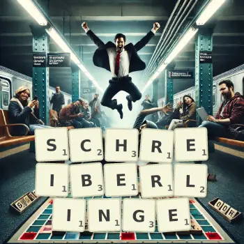 Kreative Illustration für ein Scrabble-Spiel, bei dem das Wort SCHREIBERLINGE mit Steinen auf dem Brett gelegt wurde.