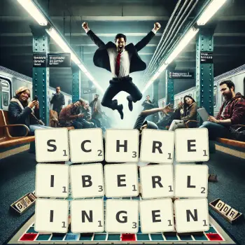 Kreative Illustration für ein Scrabble-Spiel, bei dem das Wort SCHREIBERLINGEN mit Steinen auf dem Brett gelegt wurde.